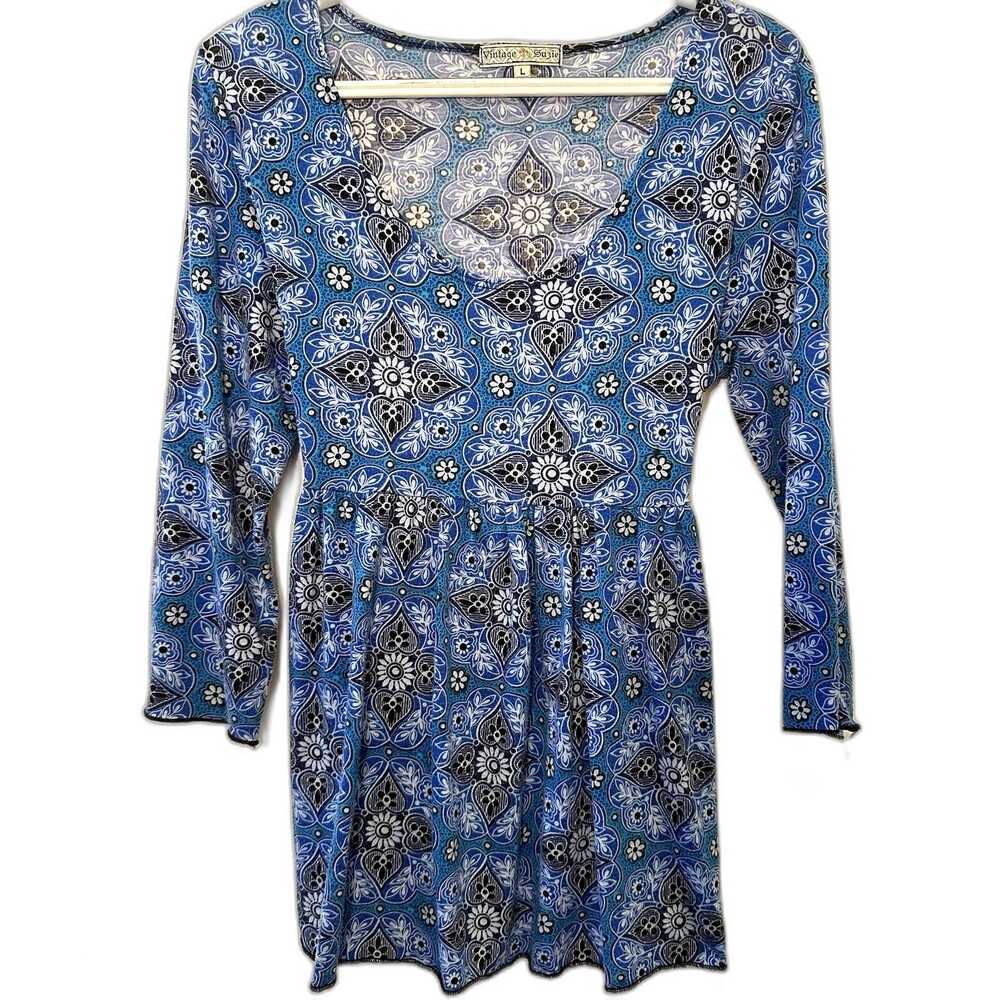 Vintage Suzie Blue Floral Babydoll Top Made USA Long Sleeve Size L